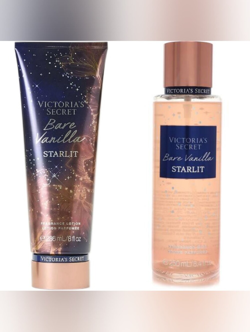 Victoria's Secret Bare Vanilla Starlit Lotion & Mist - Rose Gold, Navy, Peach